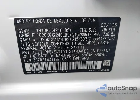 2026 Honda Hr-V 2Wd Lx из США, поврежденный, VIN 3CZRZ1H31TM710389